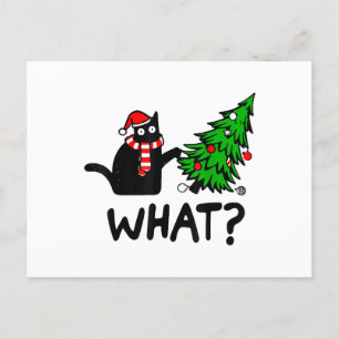 Cartão Postal De Festividades Presente de Gato Preto Engraçado Derrubando Árvore