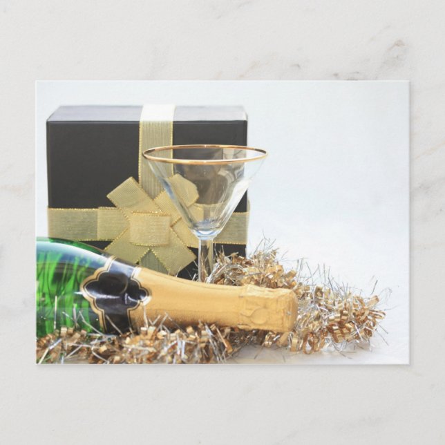 Cartão Postal De Festividades Presente de Natal e garrafa de champanhe (Frente)