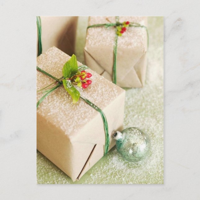 Cartão Postal De Festividades Presentes de Feriado Cobertos por Neve (Frente)