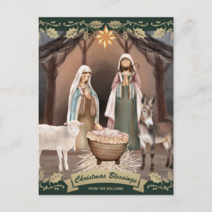 Cartão Postal De Festividades Presépio Verde Cena Cristã de Natal