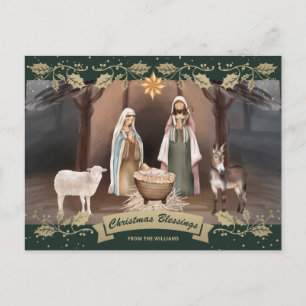 Cartão Postal De Festividades Presépio Verde Dourado Natal Cristão