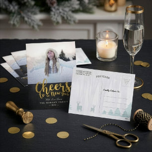 Cartão Postal De Festividades Preto e Dourado Anima Roteiro de Ano Novo Saudação
