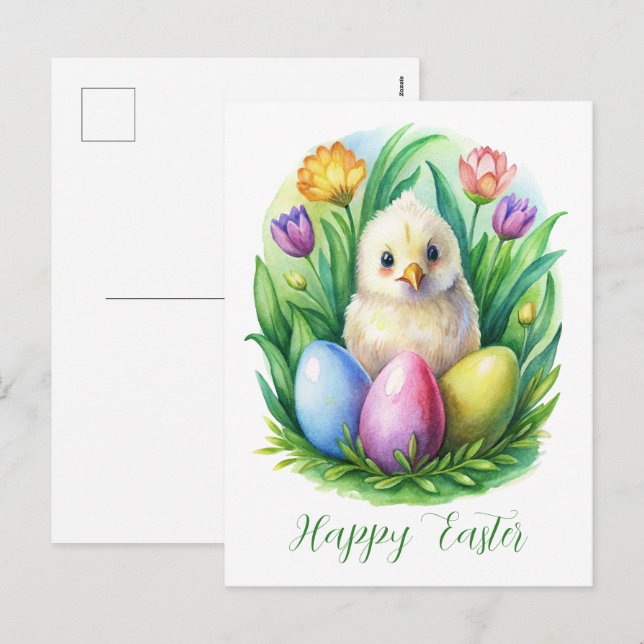 Cartão Postal De Festividades Primavera aquarela com galinha e ovos tintos (Frente/Verso)