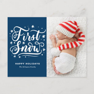Cartão Postal De Festividades Primeira Neve Mão Letrada Azul Primeiro Natal