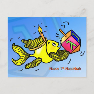 Cartão Postal De Festividades Primeiro Hanukkah, peixe engraçado e fofo com Drei