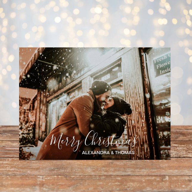 Cartão Postal De Festividades Primeiro Natal Casado com Branco Envolvido | FOTO (First Christmas Married Engaged White  PHOTO Holiday Postcard)