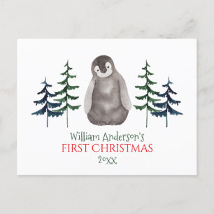 Cartão Postal De Festividades Primeiro Natal Pinguim e Árvore Personalizadas  
