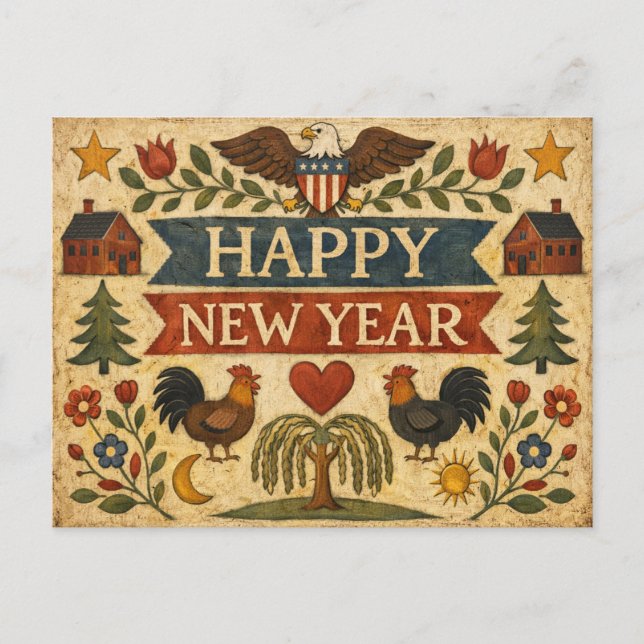 Cartão Postal De Festividades Primitive Americana Folk Art New Year (Frente)