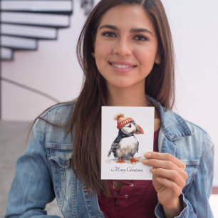 Cartão Postal De Festividades Puffin de Natal, personalizável