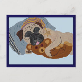 Cartão Postal De Festividades Pug Adormecido com Urso de Pelúcia