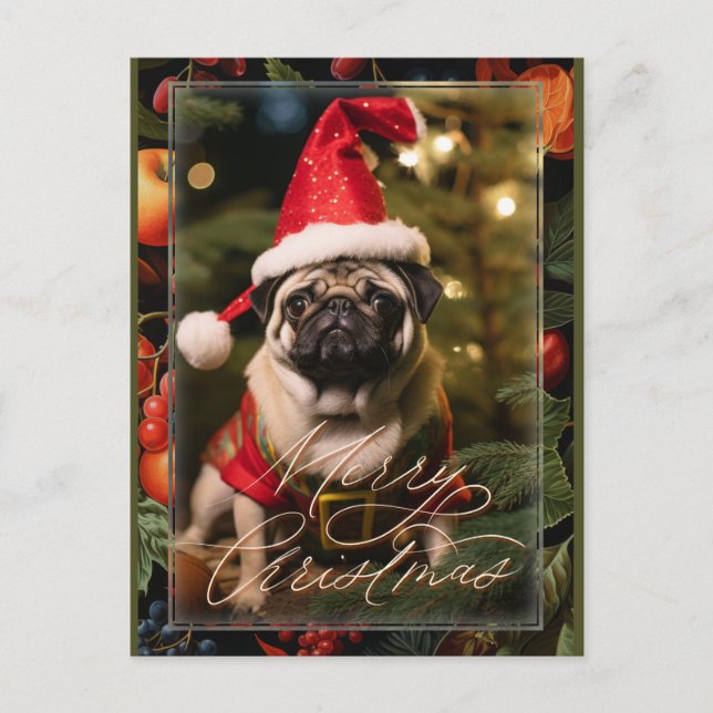 Cartão Postal De Festividades Pug Elf de Natal (Frente)