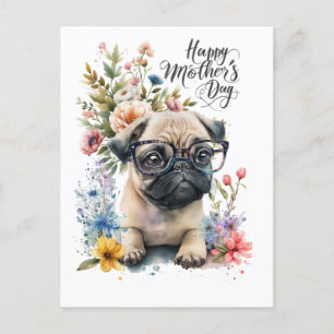 Cartão Postal De Festividades Pug para Dia de as mães com flores para amantes de
