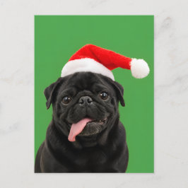 Cartão Postal De Festividades Pug Preto Engraçado Chapéu de Papai Noel Língua Pa