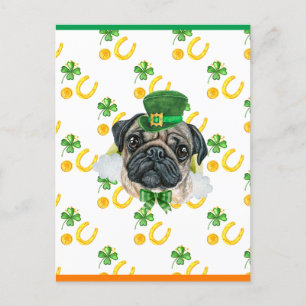Cartão Postal De Festividades Pug Shamrock Dia de São Patrício