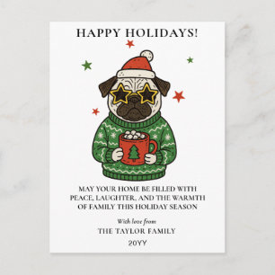 Cartão Postal De Festividades Pug Suéter Feio Natal Cacau Quente Marshmallow