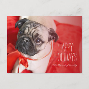 Cartão Postal De Festividades Pug with red ribbon