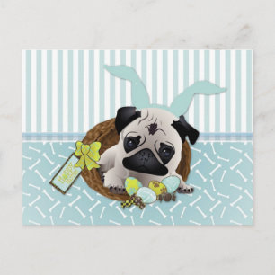 Cartão Postal De Festividades Pugs de Páscoa Adoráveis com Ovos, Cestos
