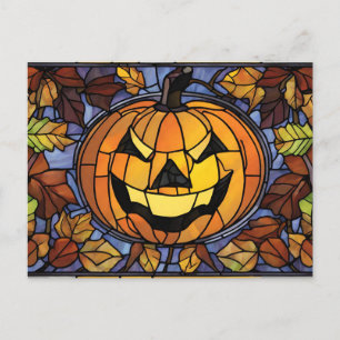 Cartão Postal De Festividades Pumpkin de Vidro Mantido e Folhas de Outono