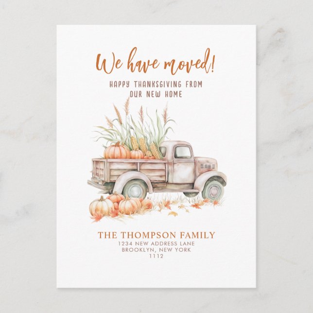 Cartão Postal De Festividades Pumpkin Truck Ação de Graças Mudamos (Frente)