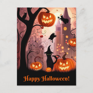 Cartão Postal De Festividades Pumpkins de bruxa bruxa branca e bonitinha