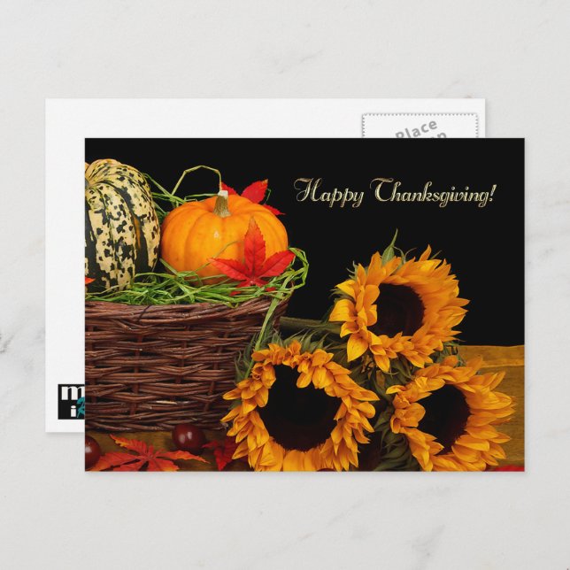 Cartão Postal De Festividades Pumpkins e Sunflower Ação de Graças (Frente/Verso)