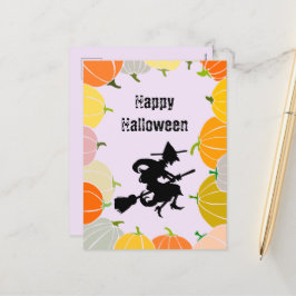 Cartão Postal De Festividades Pumpkins Laranja da Bruxa Voadora Spooky