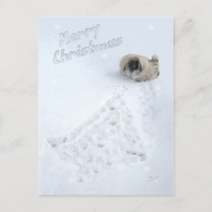 Cartão Postal De Festividades Puppy Pekingese Primeiro Natal