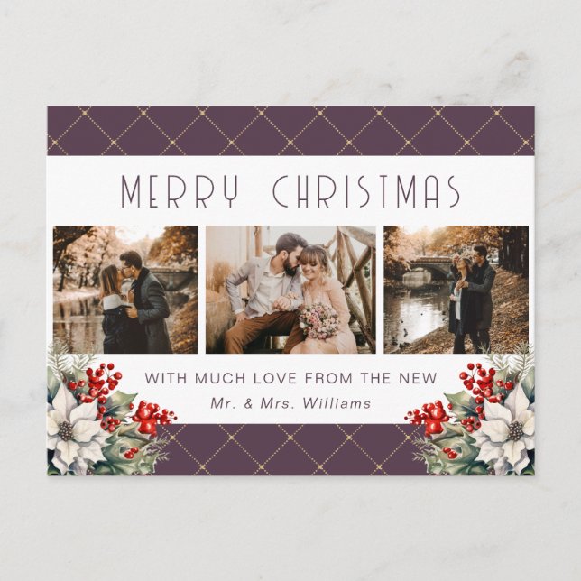 Cartão Postal De Festividades Purple Gold Botanical Photo Newlywed (Frente)