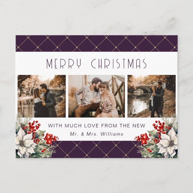 Cartão Postal De Festividades Purple Gold Botanical Photo Newlywed (Frente)