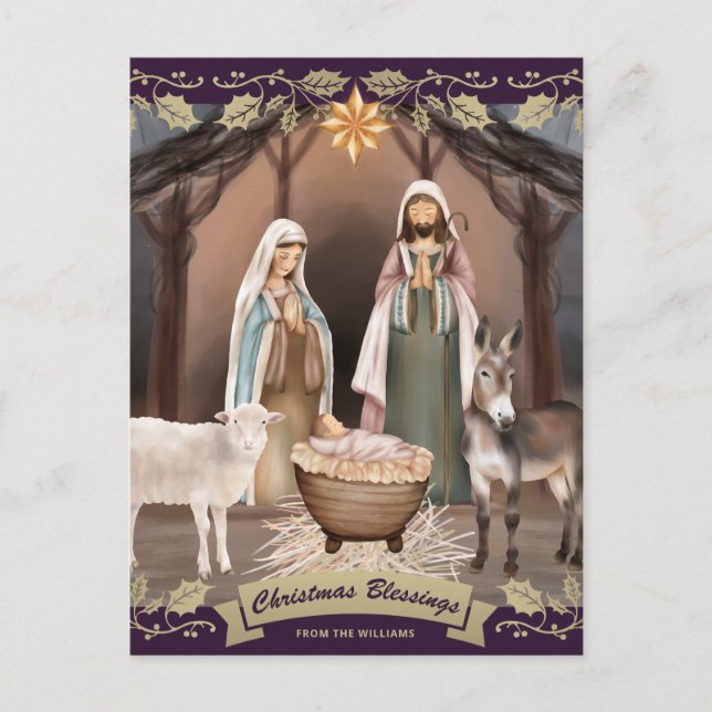 Cartão Postal De Festividades Purple Nativity Scene Christian Christmas (Frente)