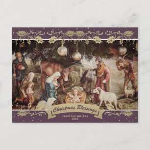 Cartão Postal De Festividades Púrpura Natividade Cena de Natal Cristã Foto
