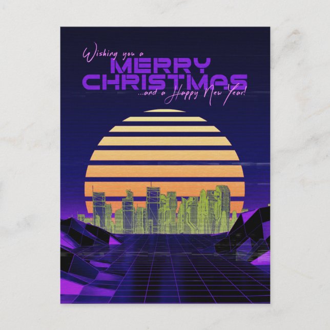 Cartão Postal De Festividades Púrpura Synthwave Natal (Frente)