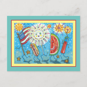 CARTÃO POSTAL DE FESTIVIDADES QUARTO DE JULHO DE GANG, PARADE E FOGOS DE FOGO