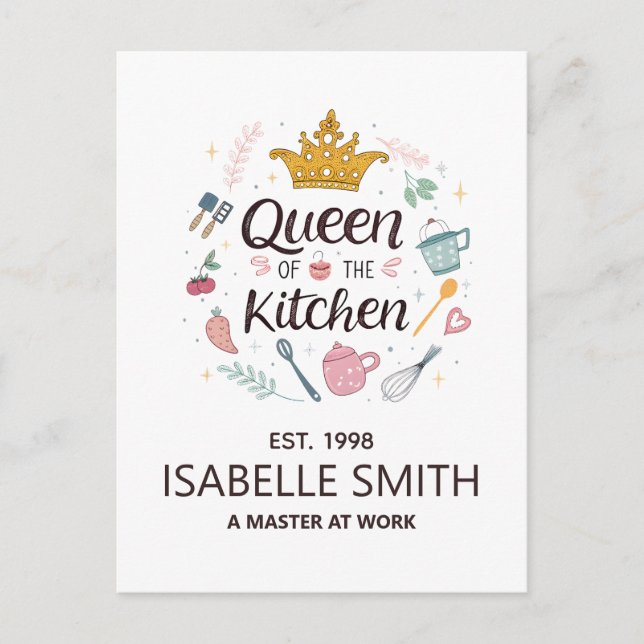Cartão Postal De Festividades Queen of the Kitchen Custom Name Design (Frente)