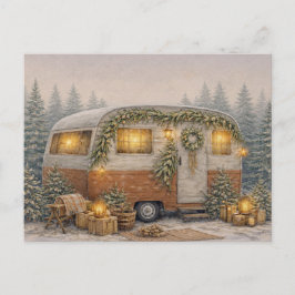 Cartão Postal De Festividades Quente Camper de Natal Rústico em Aquarela Neutra