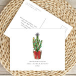 Cartão Postal De Festividades Quente deseja natal Cactus<br><div class="desc">Ilustração de um cacto decorado com Enfeites de natal,  luzes de Natal e uma estrela. Cactus está na cesta com arco vermelho. Personalize o nome.</div>