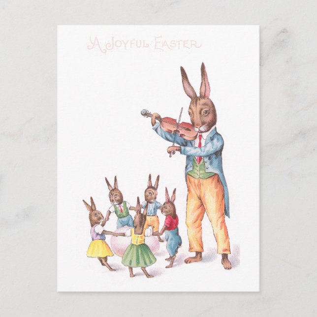 Cartão Postal De Festividades Rabbit tocando placa de Páscoa violino de vinheta (Frente)