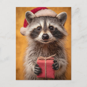 Cartão Postal De Festividades Raccoon Adorável em Santa Chapéu Segurando Present