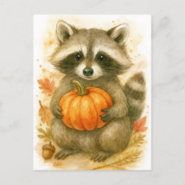 Cartão Postal De Festividades Raccoon with Pumpkin Thanksgiving Postcard