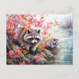 Cartão Postal De Festividades Raccoons perto da cena do lago de outono