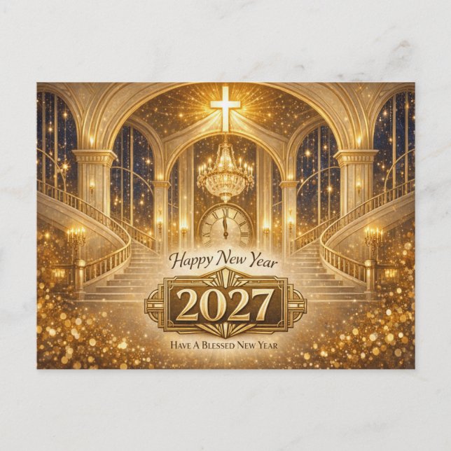 Cartão Postal De Festividades Radiant Gold Christian Blessed New Year 2027 (Frente)