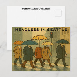Cartão Postal De Festividades Rainy City Walkers with Umbrella Heads Seattle Art