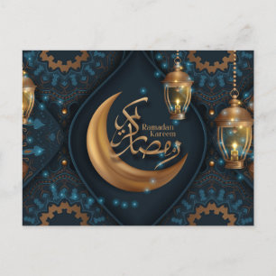 Cartão Postal De Festividades Ramadan Mubarak Dourado Crescente Árabe Padrão Azu