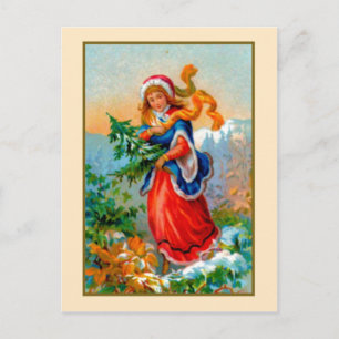 Cartão Postal De Festividades Rapariga com árvore de Natal