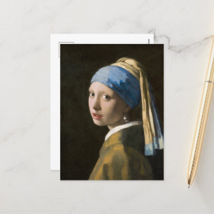 Cartão Postal De Festividades Rapariga com pérolas a ouvir por Johannes Vermeer