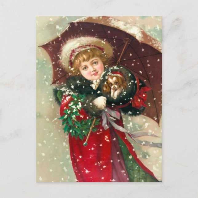 Cartão Postal De Festividades Rapariga de inverno de Maud Humphrey com cão (Frente)