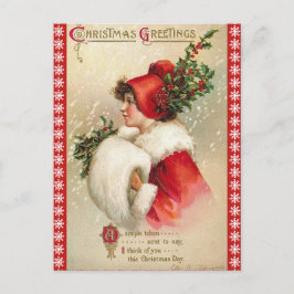Cartão Postal De Festividades Rapariga de Natal na Borda de Neve, em Red Vintage