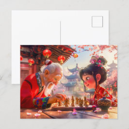 Cartão Postal De Festividades Rapariga e vovô jogando xadrez moderno