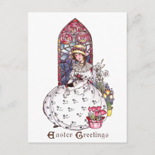 Cartão Postal De Festividades Rapariga, Janela De Vidro Manchada, Tulipas, Pásco