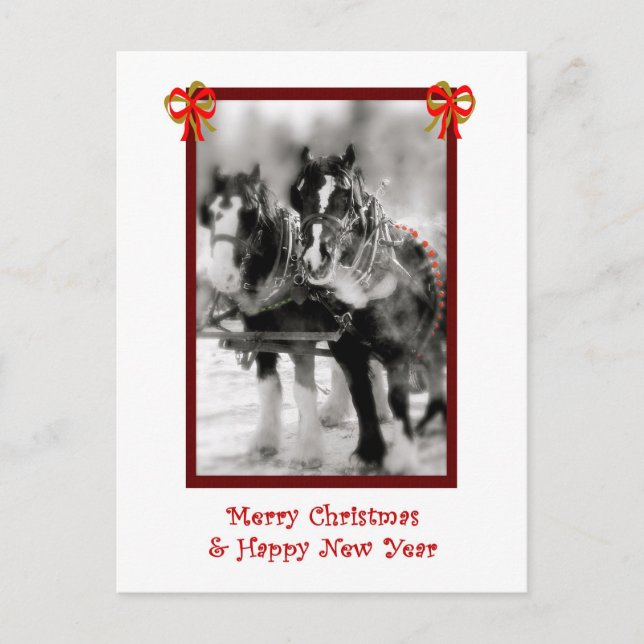 Cartão Postal De Festividades Rascunho da equipe de cavalos, Feliz Natal, Cartão (Frente)